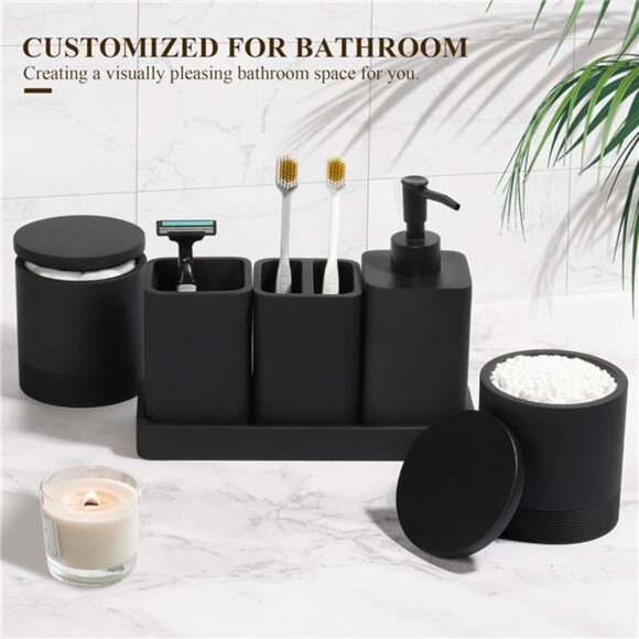 Matte Black Bathroom Accessories Set 6 Piece Soap Dispenser Toothbrush Holder - Picture 4 of 8